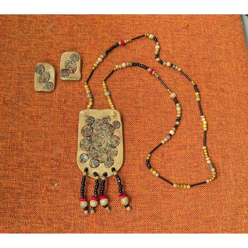 Handmade Clay Beaded Necklace Earring Set Boho Millefiori Polymer Wearable Art